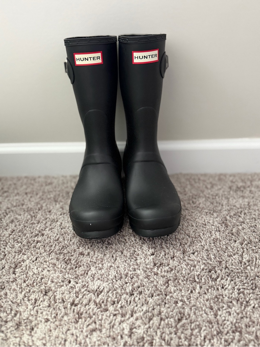 Hunter Black Matte Mid-Calf Rain Boots with Red Logo